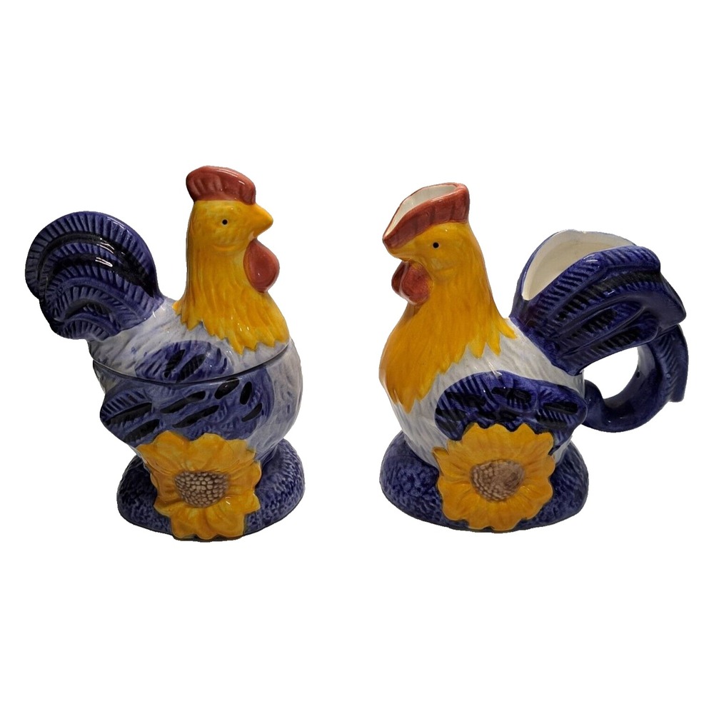 VTG 3 pc Avon Rooster Sunflower Coffee Creamer Sugar Set Ceramic 5.5" Farm